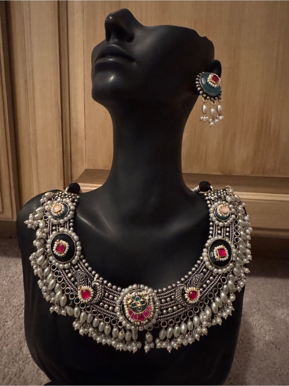 Handcrafted Pearl Fringe Statement Necklace and Earring Set - Multicolor